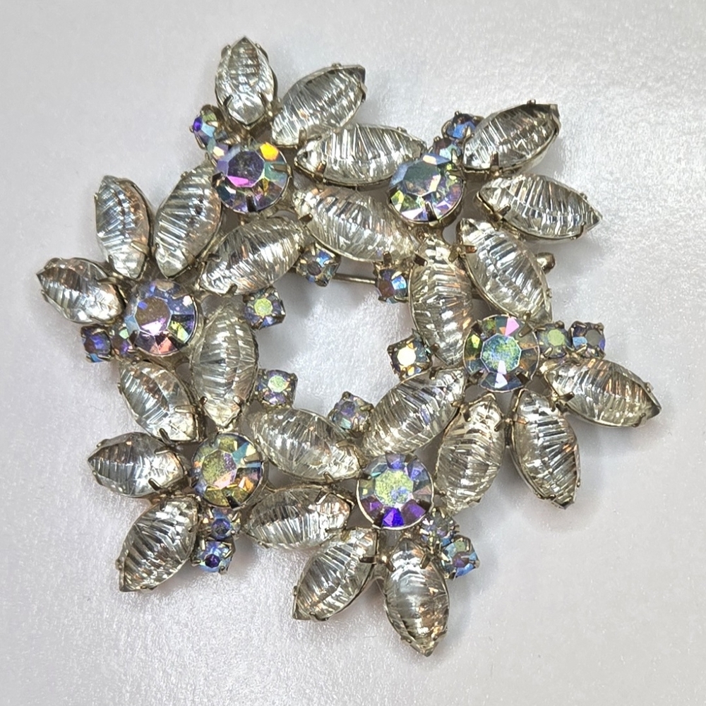 Large Brooch Wreath w/ AB Stones & Molded Glass Navettes 3" Square